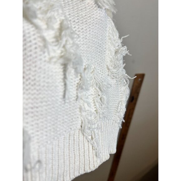 Retro Knit Fringe Sweater White L Neutral Classic Chic Preppy Fuzzy 80s Artsy - Picture 4 of 8